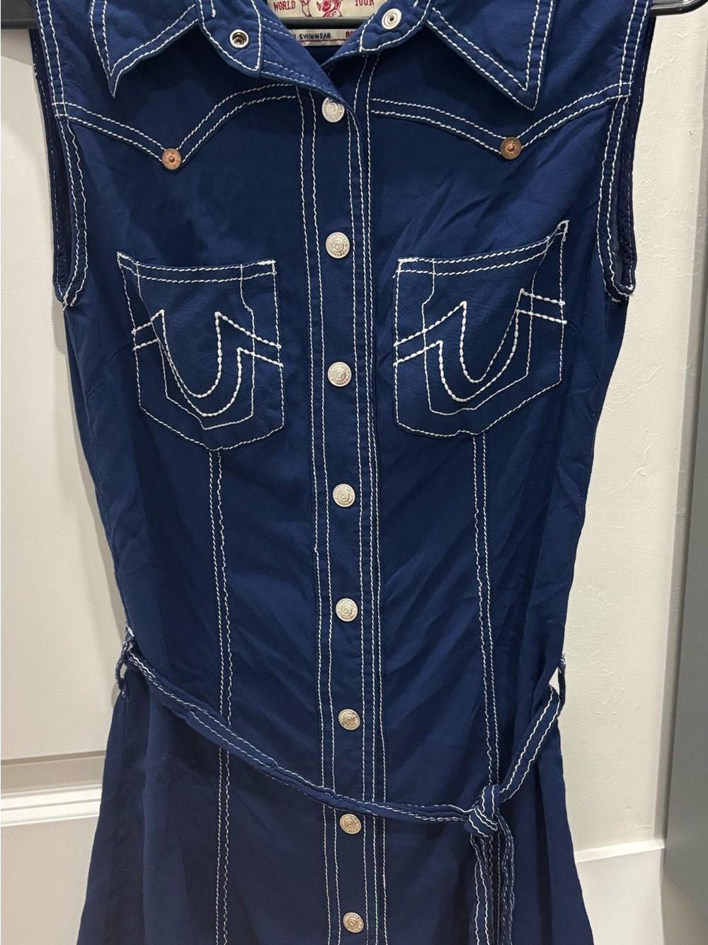 True Religion Navy Sleeveless Button-Front Midi Dress with White Stitching